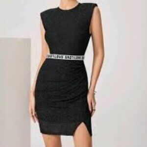 NWOT  SHEIN Belle Letter Tape Shoulder Pad Split Hem Glitter Bodycon Dress